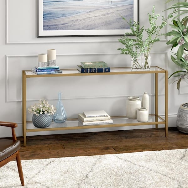 Console Table, Brushed Brass Two-Tier Glass, 64-Inch Long, Slim