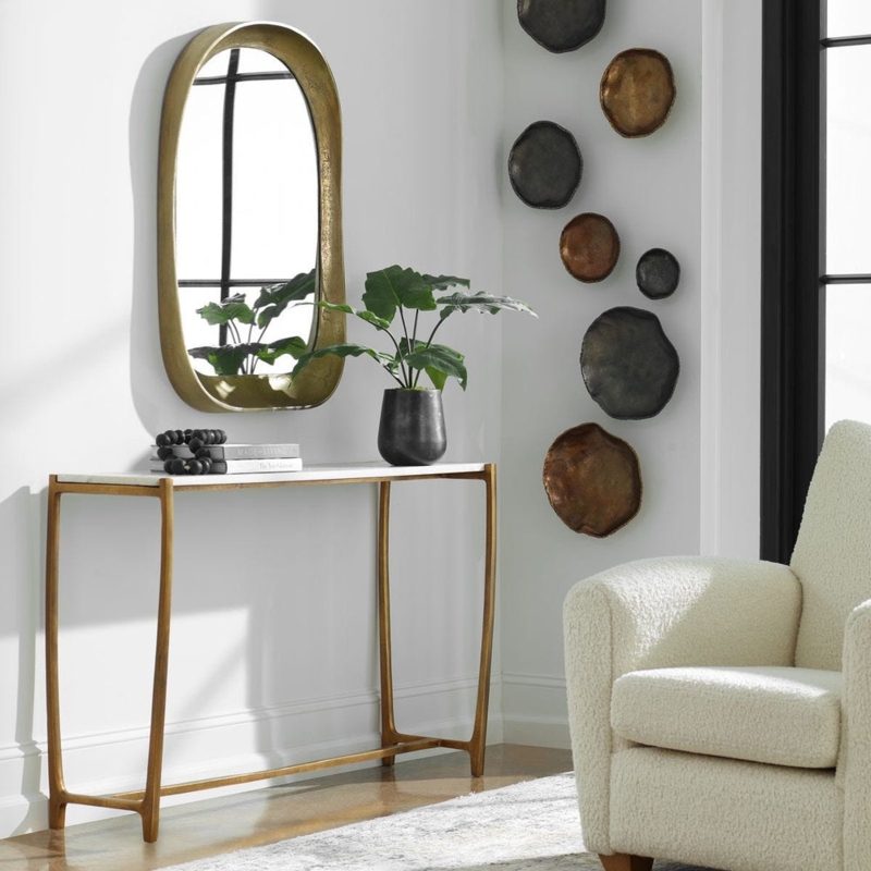 Console Table Brushed Gold Curved Legs Marble Top Glam Entryway