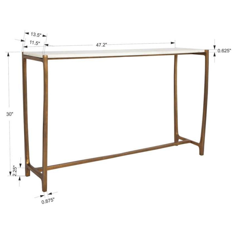 Console Table Brushed Gold Stone Like Top Slim Profile Glam