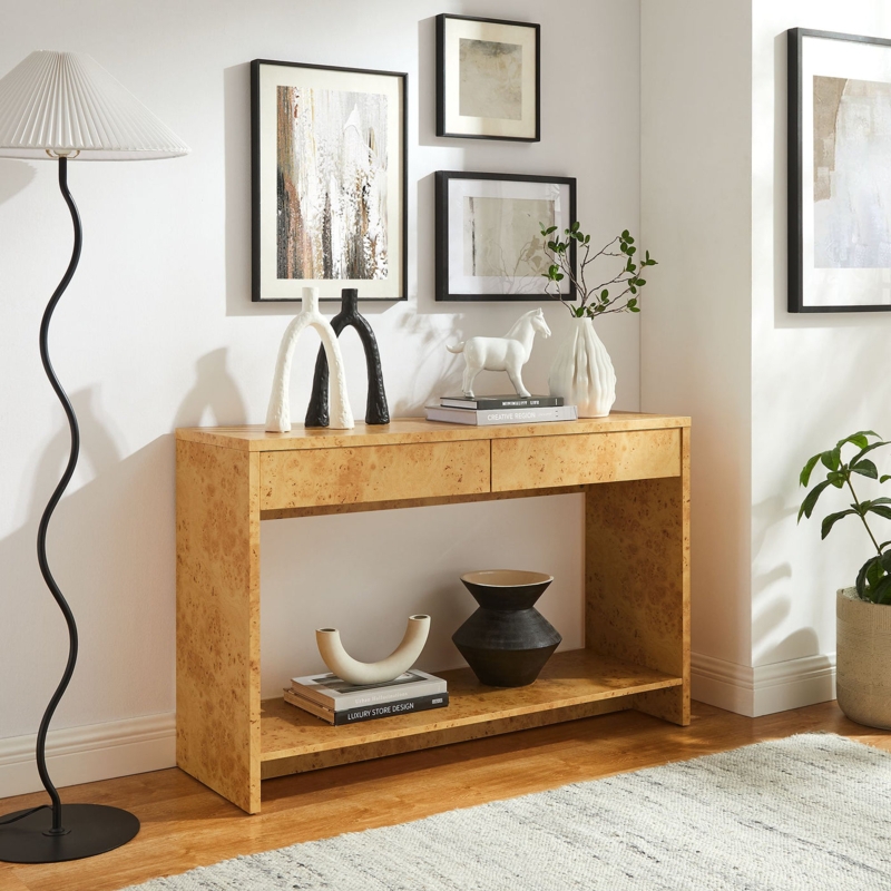 Console Table Burl Wood Pattern Two Drawers Modern Organic Styling