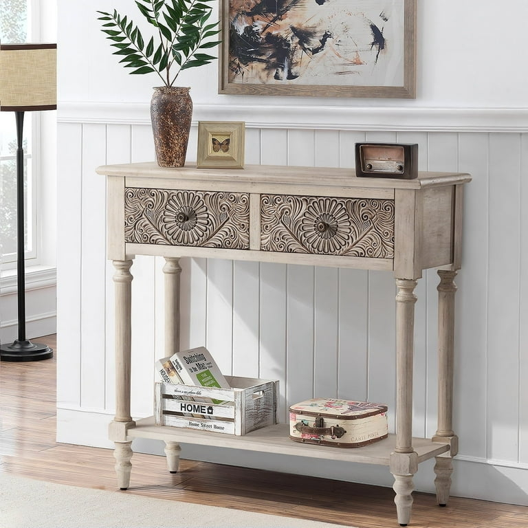 Console Table Carved Drawers Turned Legs Vintage Distressed