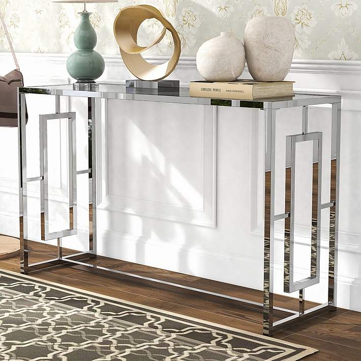 Console Table Chrome Geometric Side Panels Glass Top