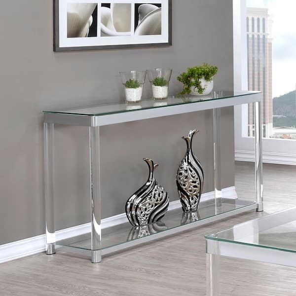 Console Table, Chrome Metal Frame and Glass Two-Tier.