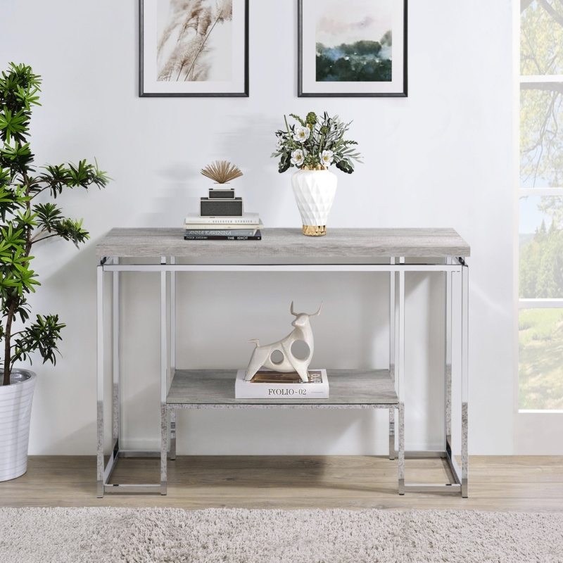 Console Table Chrome Sled Base Grey Washed Shelves