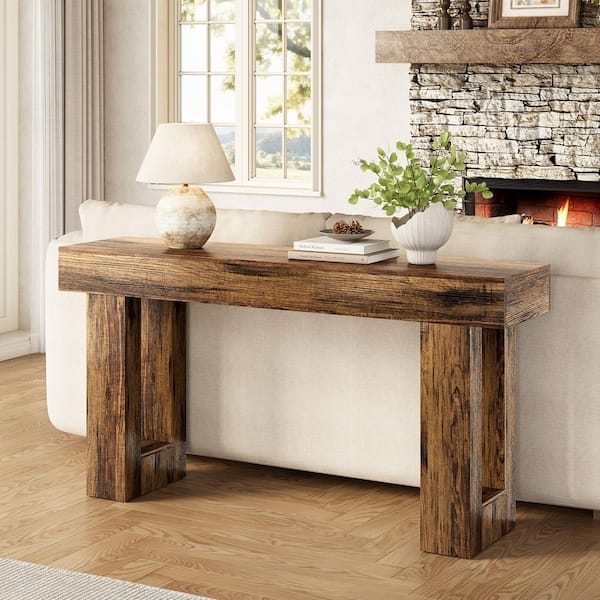 Console Table Chunky Wood Block Legs Rustic Brown Finish