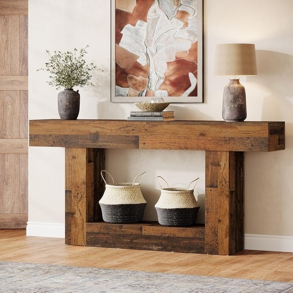 Console Table Chunky Wood Distressed Look Lower Shelf