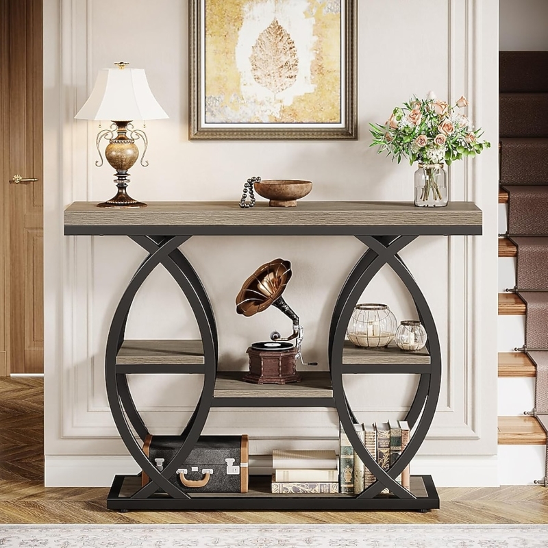 Console Table Circular Metal Frame Grey Wood 4-Tier Industrial