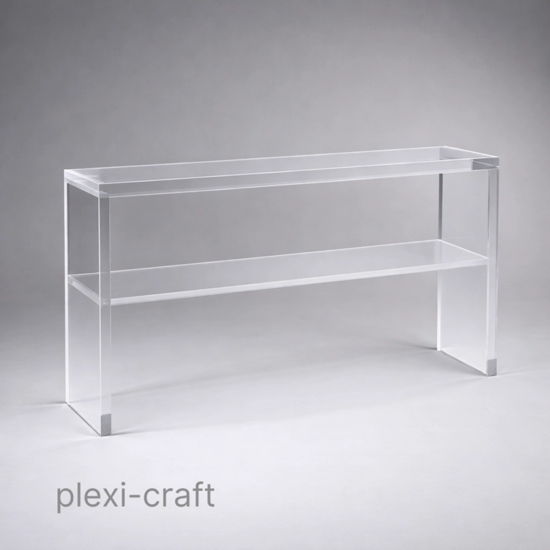 Console Table, Clear Acrylic Slab Construction with Integrated Shelf.