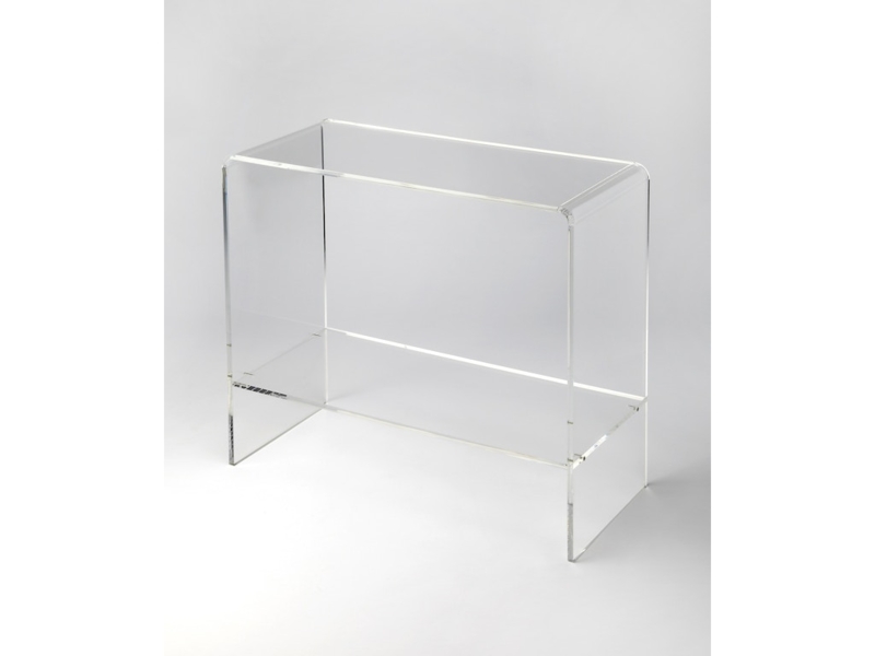 Console Table, Clear Acrylic Solid Slab Legs with Lower Shelf.