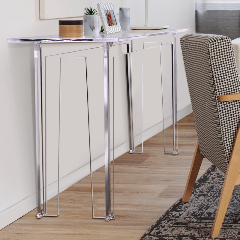 Console Table, Clear Acrylic with Unique Geometric Leg Design.