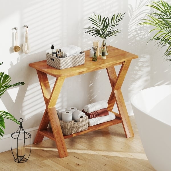 Console Table Coastal Bathroom Storage Shelf Warm Wood X Cross Legs