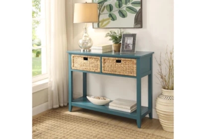 Console Table Coastal Blue Finish Woven Basket Drawers Open Shelf