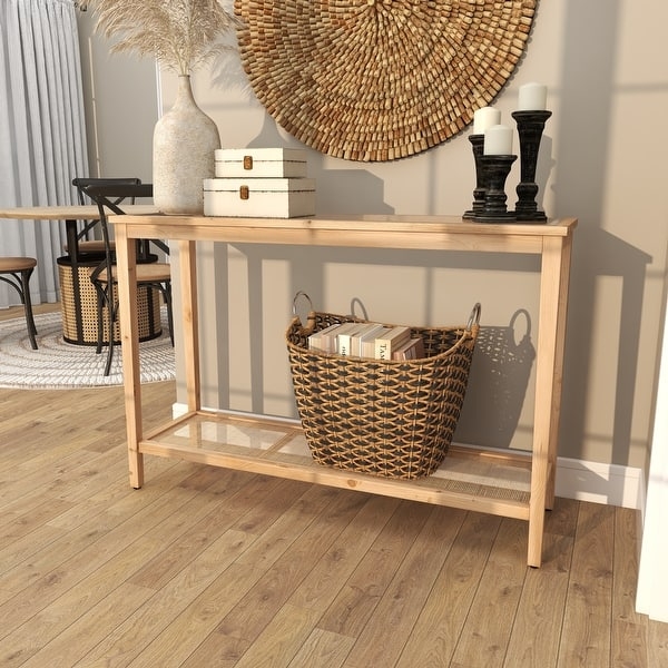 Console Table Coastal Natural Wood Glass Top Rattan Shelf Slim