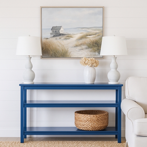 Console Table Coastal Three Tier Design Navy Blue Finish Matte