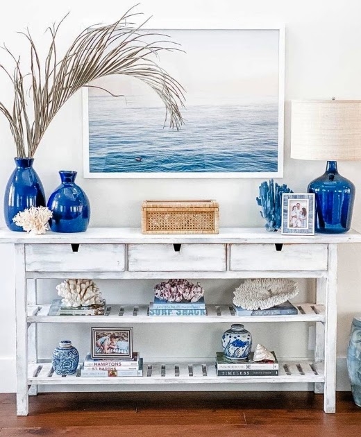 Console Table Coastal Whitewashed Distressed Finish Slatted Shelving