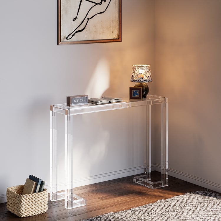 Console Table, Contemporary Acrylic with Thick Block Legs.