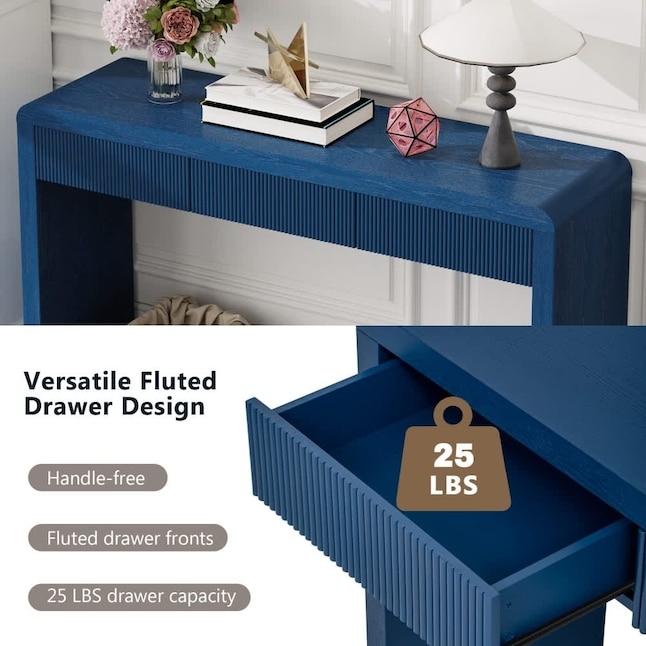 Console Table Contemporary Navy Blue Fluted Drawers Handle Free