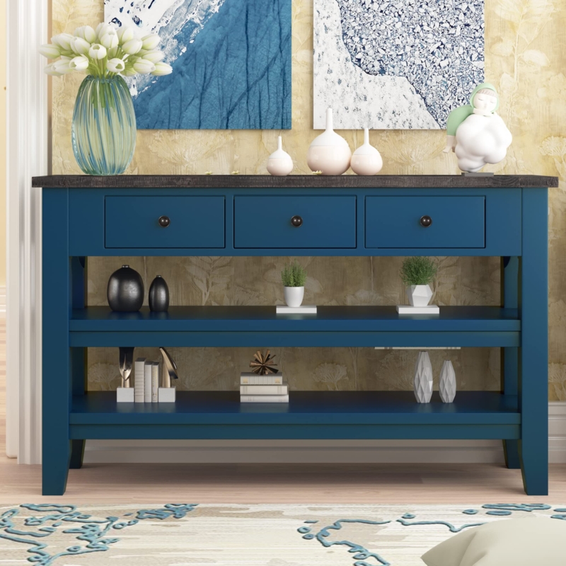Console Table Contrasting Top Teal Blue Three Drawers Tiered Open Shelving