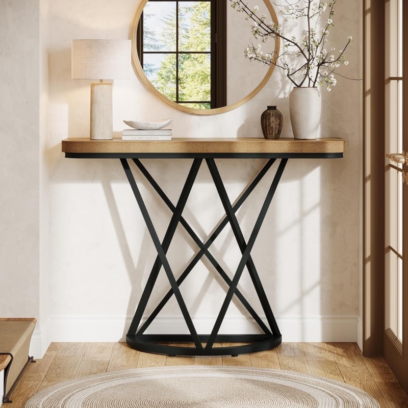 Console Table Crisscross Geometric Base Rounded Wood-Toned Top