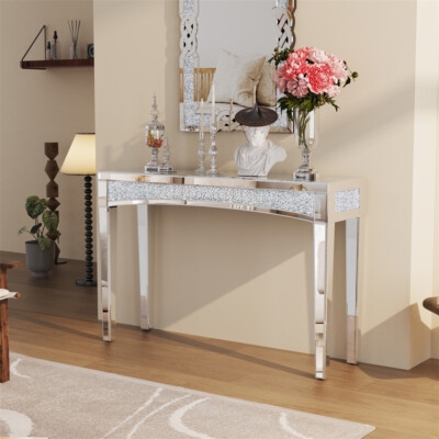 Console Table Crushed Crystal Inlay Arched Apron Mirrored Finish