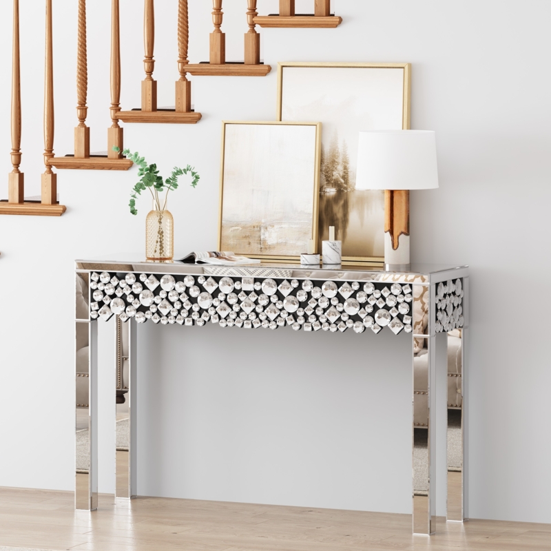 Console Table Crystal Encrusted Apron Mirrored Finish Glam