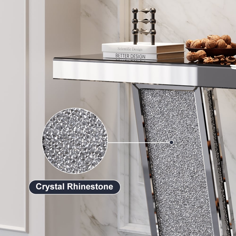 Console Table Crystal Rhinestone Inlay Mirrored Frame Silver