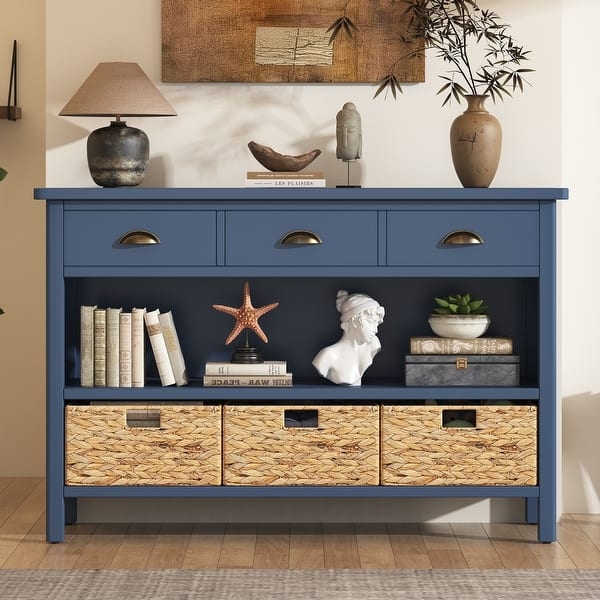 Console Table Cup Pulls Integrated Woven Baskets Open Shelving Coastal Style