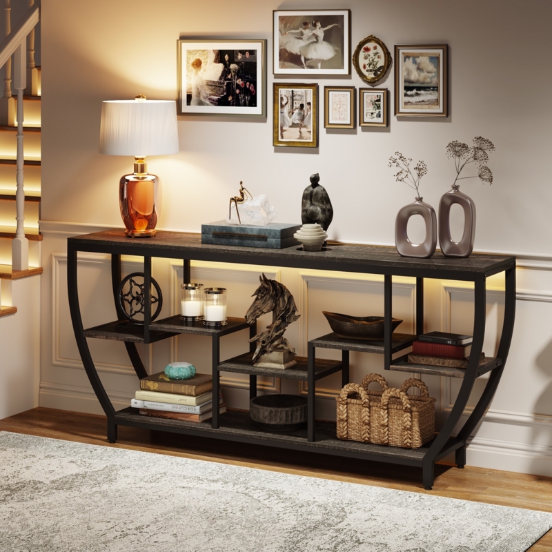 Console Table Curved Metal Frame Espresso Staggered Storage LED