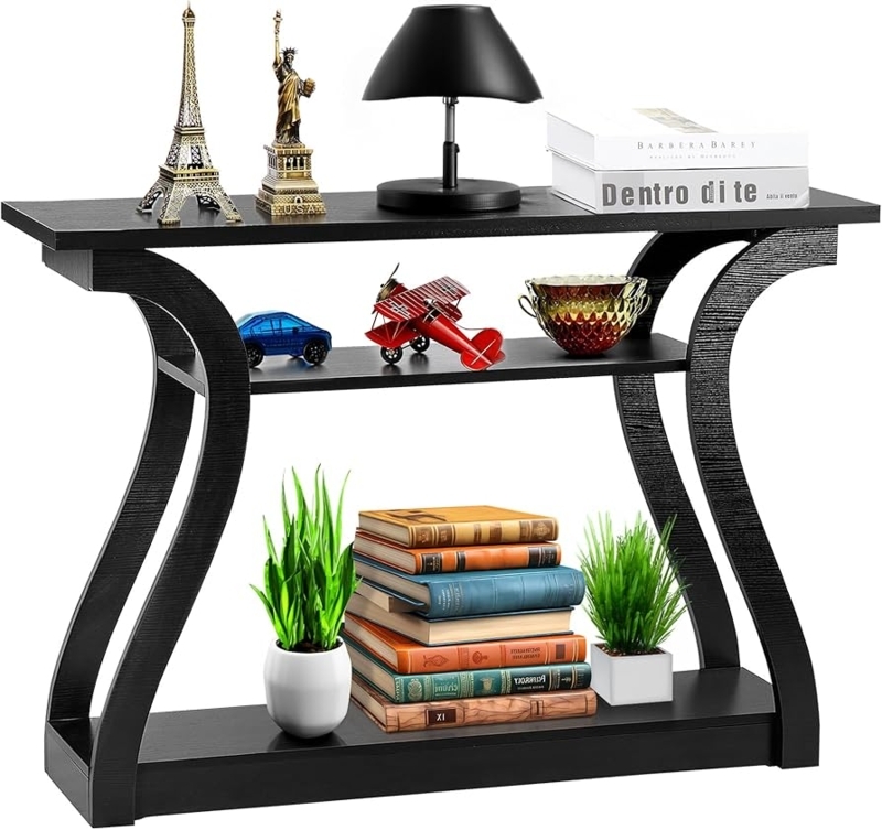 Console Table Curved S-Shaped Frame Black 3-Tier Open Shelves