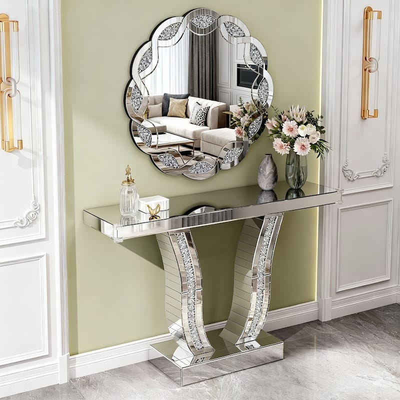 Console Table Curved Stone Inlaid Legs Mirrored Entryway Decor
