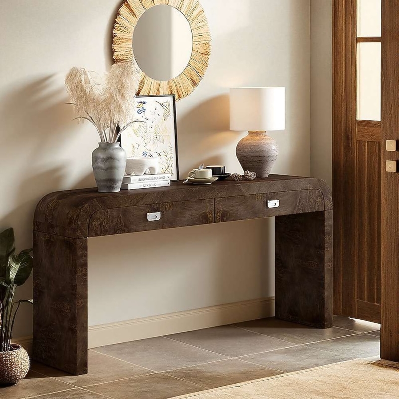 Console Table Dark Brown Burl Wood Texture Curved Waterfall Edges