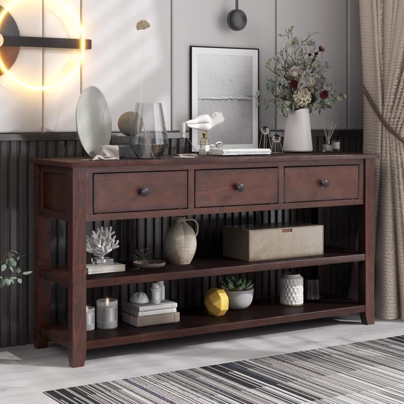 Console Table Dark Brown Three Drawers Tiered Shelving Traditional Table
