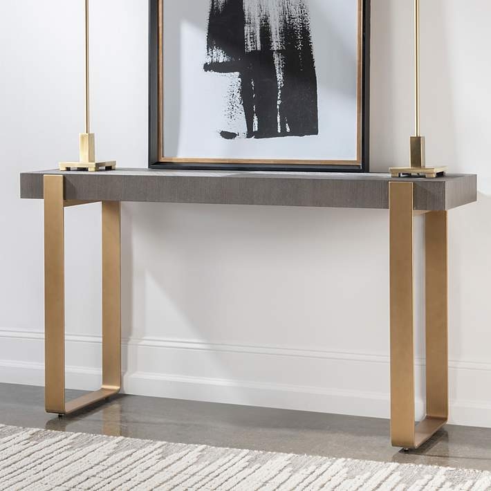 Console Table, Dark Walnut Top & Brushed Brass Sled Legs, 60-Inch