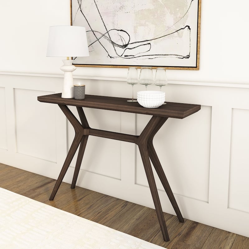Console Table Dark Wood Tapered Legs Central Stretcher Mid Century