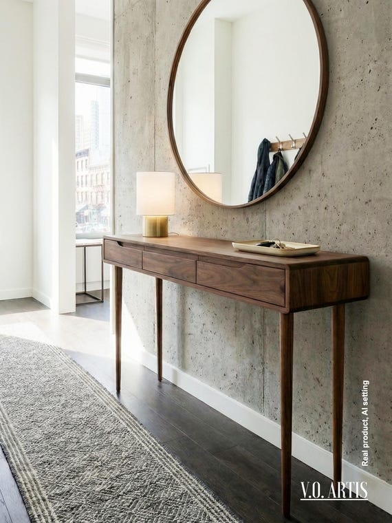 Console Table Dark Wood Three Drawers Industrial Chic Hallway Decor