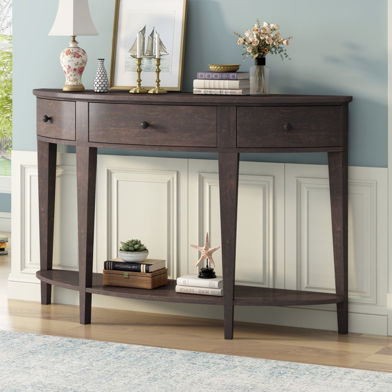 Console Table Demilune Shape Three Drawers Traditional Foyer Furniture