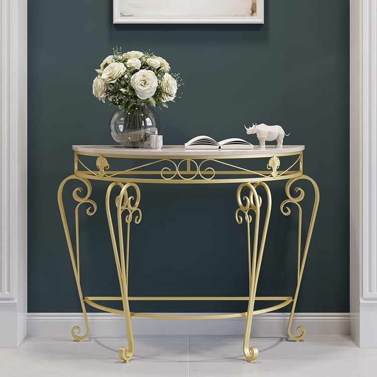 Console Table Demilune Silhouette Gold Metal Scrollwork Stone Top