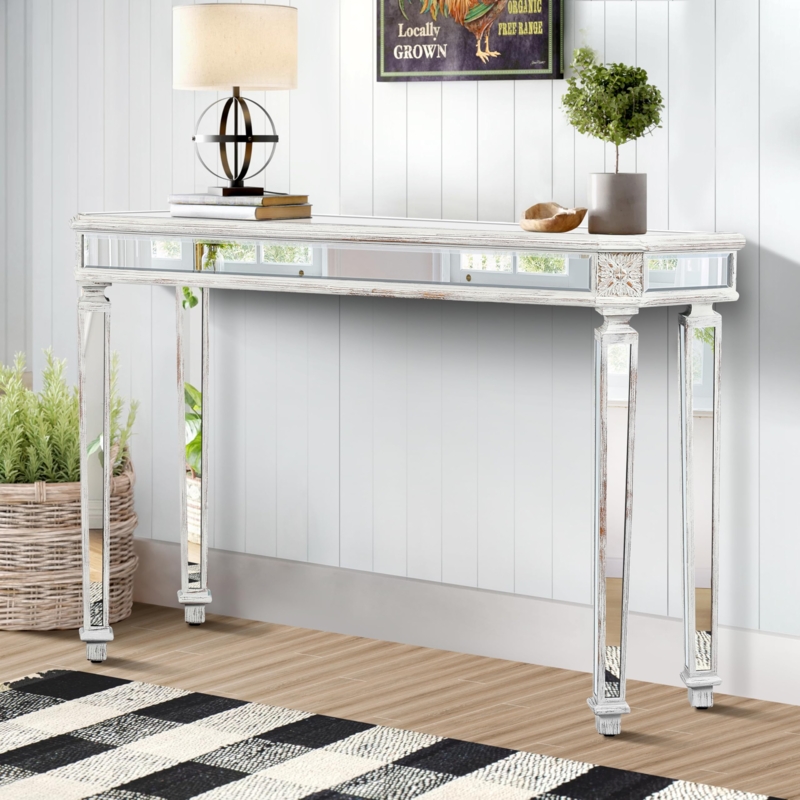 Console Table Distressed Whitewash Mirrored Legs Carved Accents