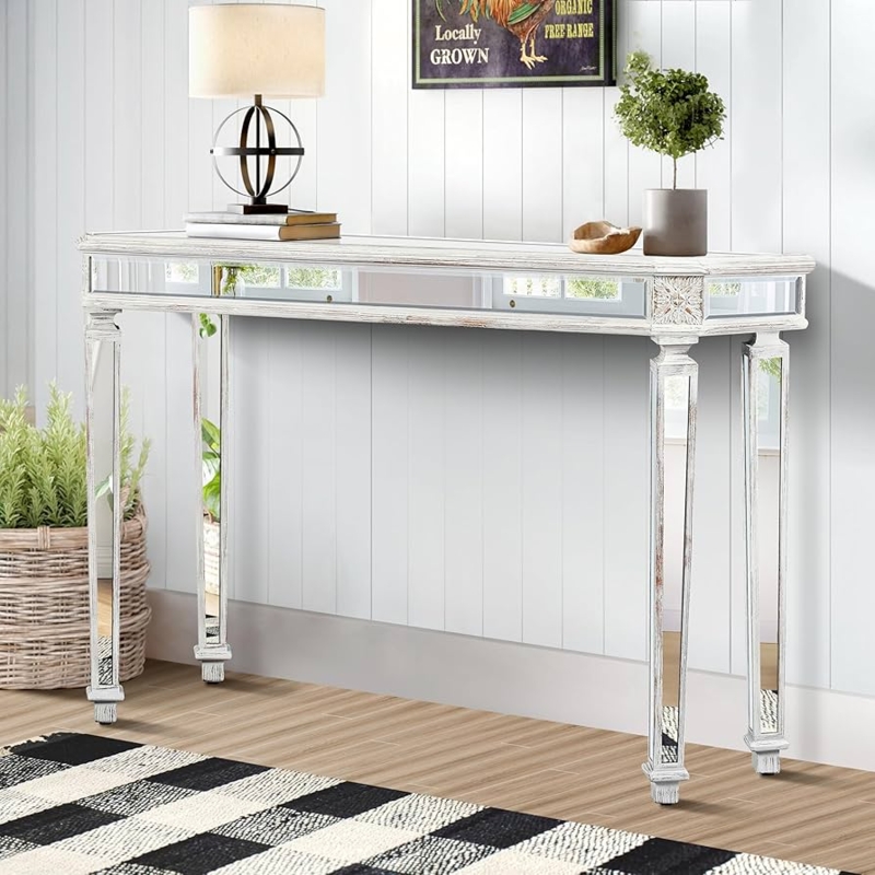 Console Table Distressed Whitewash Mirrored Legs Shabby Chic Entryway