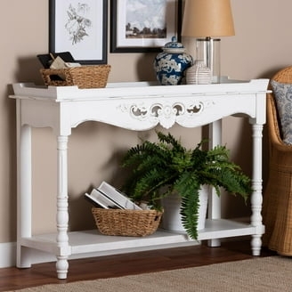 Console Table Distressed Whitewash Scrolled Apron Turned Legs Entryway