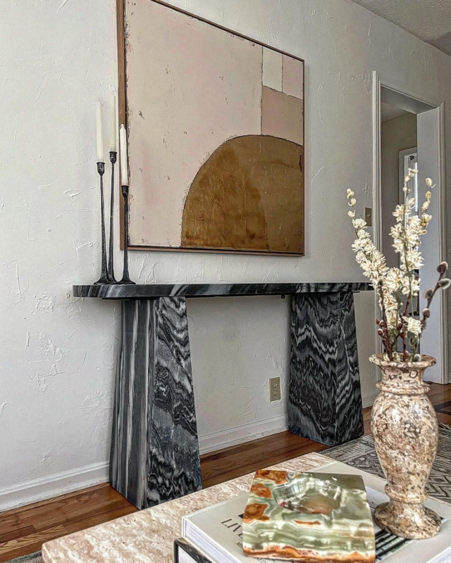 Console Table Dramatic Veining Block Legs Thick Top Polished Stone