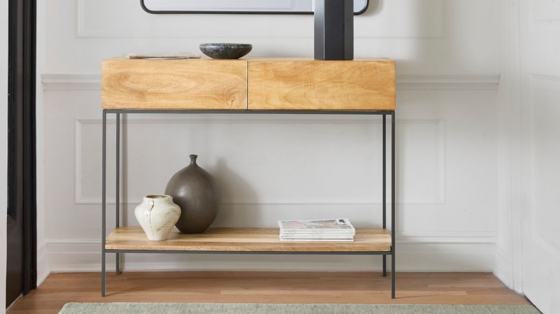 Console Table Dual Drawer Wood Cabinet Metal Frame Open Shelf