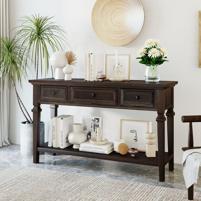 Console Table Espresso Finish Three Drawers Open Shelf Sofa Table Display