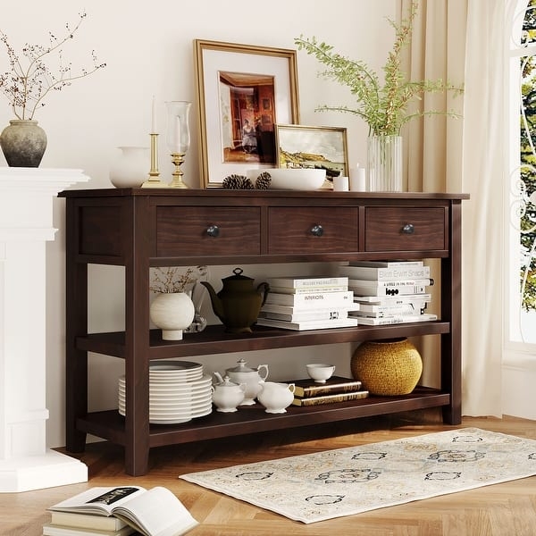 Console Table Espresso Triple Drawer Two Open Shelves Dark Wood Styling