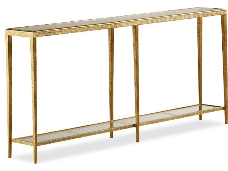 Console Table, Extra-Long Six-Leg Hammered Brass Frame & Glass Top