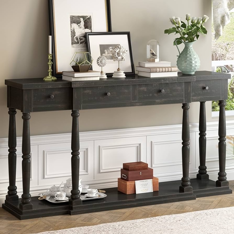 Console Table Extra Long Six Turned Legs Distressed Black Farmhouse