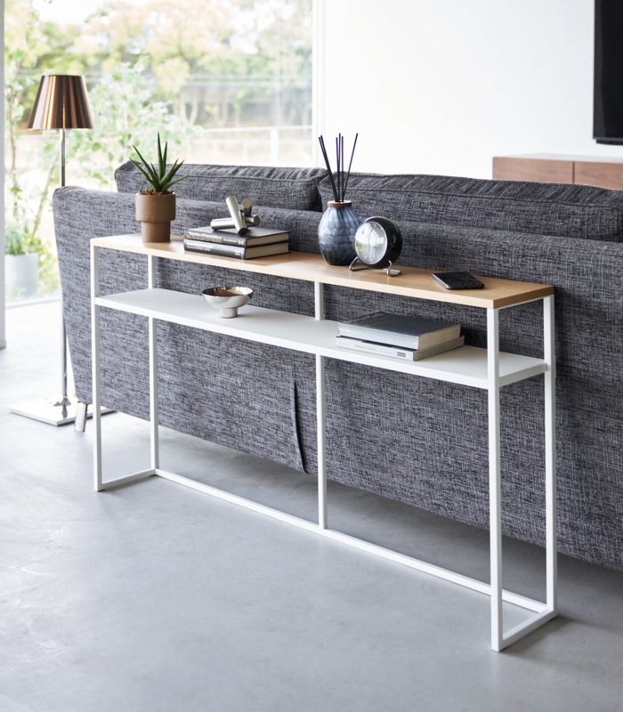 Console Table Extra Long Slim Profile White Metal Two Tier