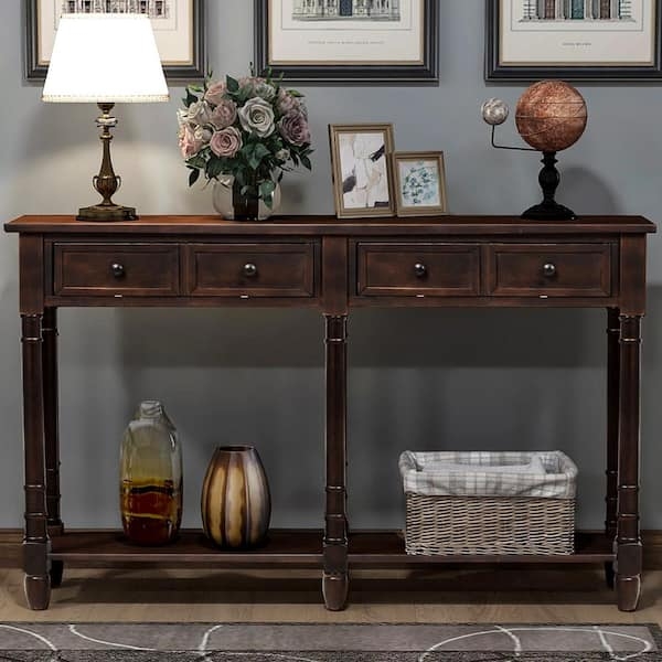 Console Table Extra Long Turned Legs Two Drawers Espresso Traditional