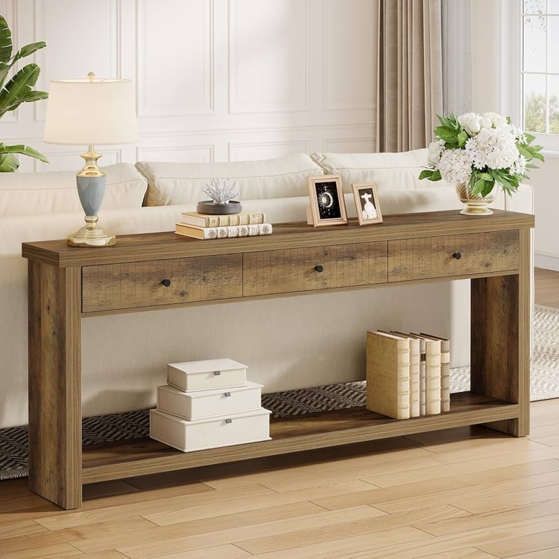 Console Table Extra Long Wood Finish Bottom Shelf Hallway