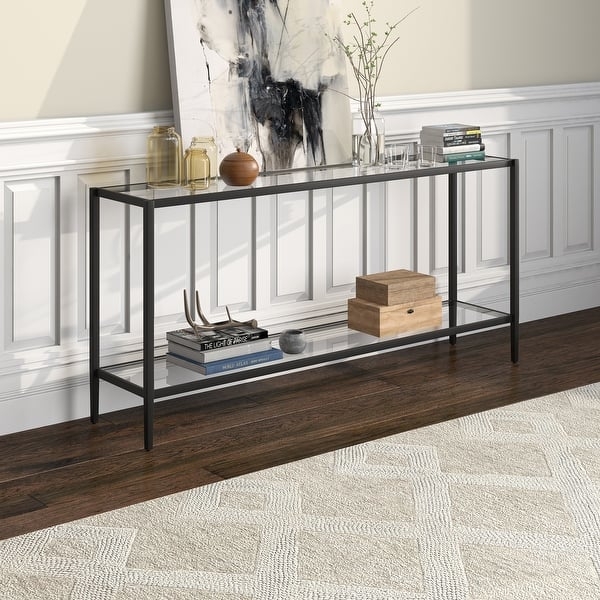 Console Table Extra Wide Black Metal Frame Two Tier Glass Shelves